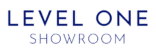 Dark blue text on a transparent background reads "LEVEL ONE" in large capital letters, with "SHOWROOM" in smaller capital letters below. Level One Showroom - Luxury Fashion Distributor UK