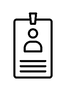 Black outline icon of an identification badge, featuring a clip at the top, a circular head-and-shoulders figure, and three horizontal lines below representing text details.