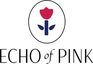 Echo of Pink logo featuring a pink flower icon with navy blue stem and leaves above the brand name.