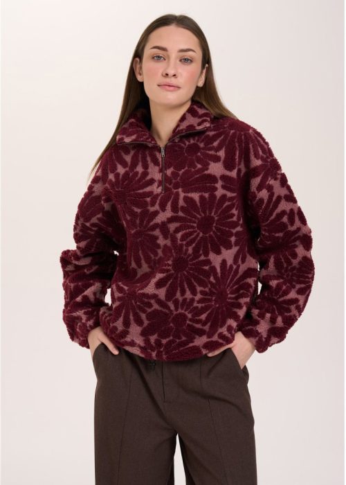 24 Colours Bordeaux Floral Teddy Fleece Half-Zip Pullover for Women in Burgundy and Mauve – Soft Textured Winter Jacket