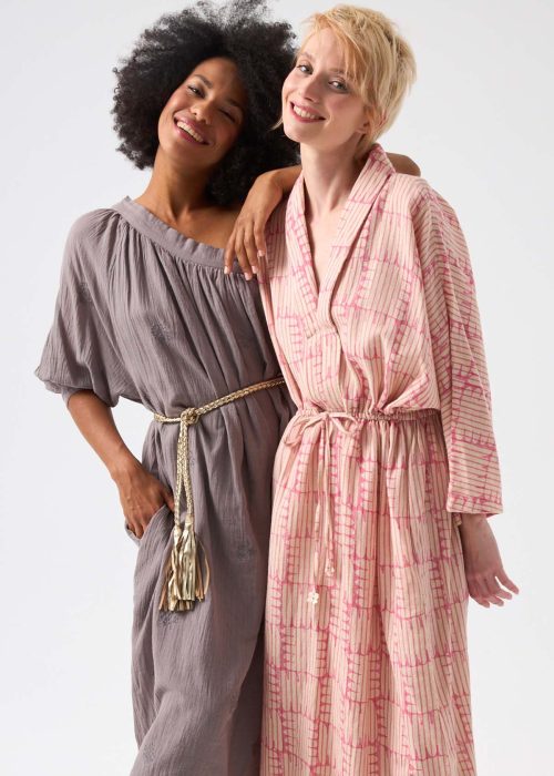CHICOSOLEIL women's maxi dresses featuring a taupe embroidered dress with braided tassel belt and a pink patterned long-sleeve dress with drawstring waist.
